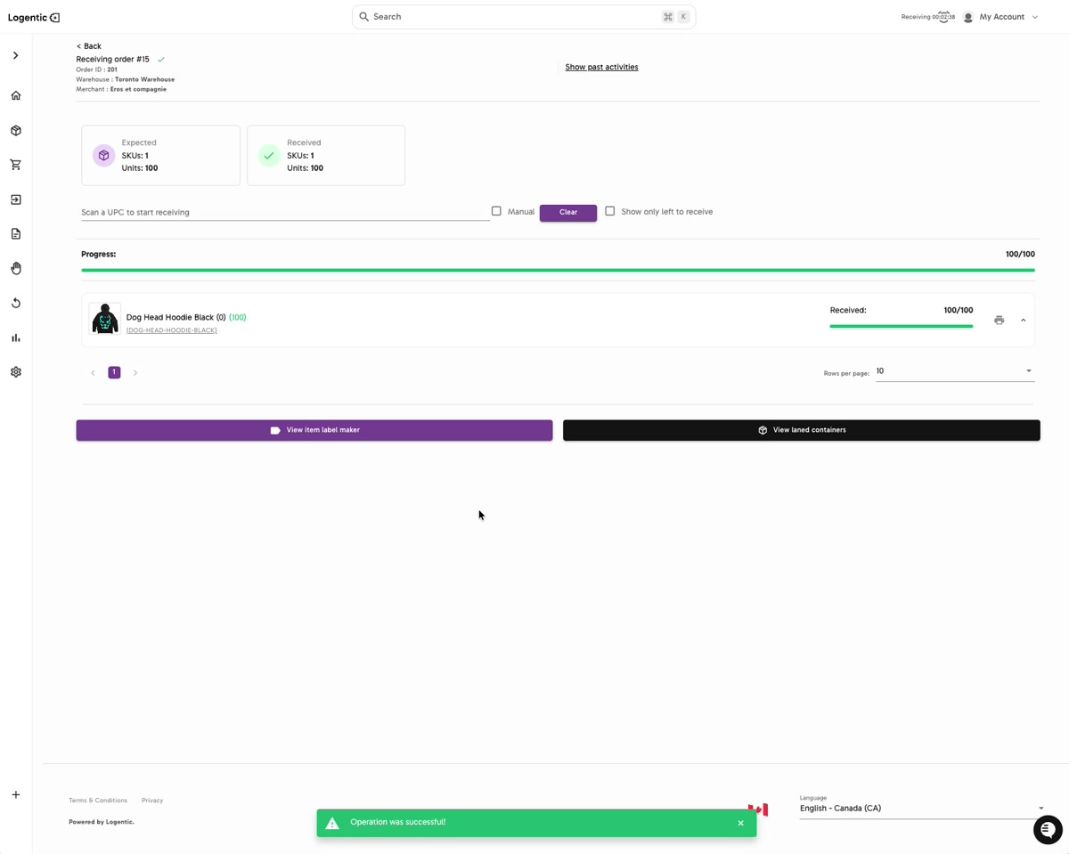 Receiving screen showing received SKUs and units complete, progress 100 of 100, and Operation successful