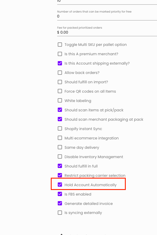 SLA Manager settings menu showing the Hold Account Automatically option