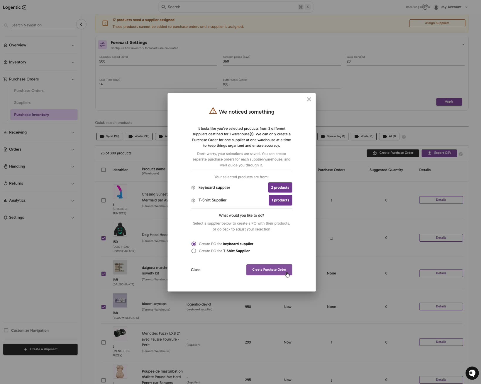 We noticed something modal explaining one supplier and one warehouse per purchase order