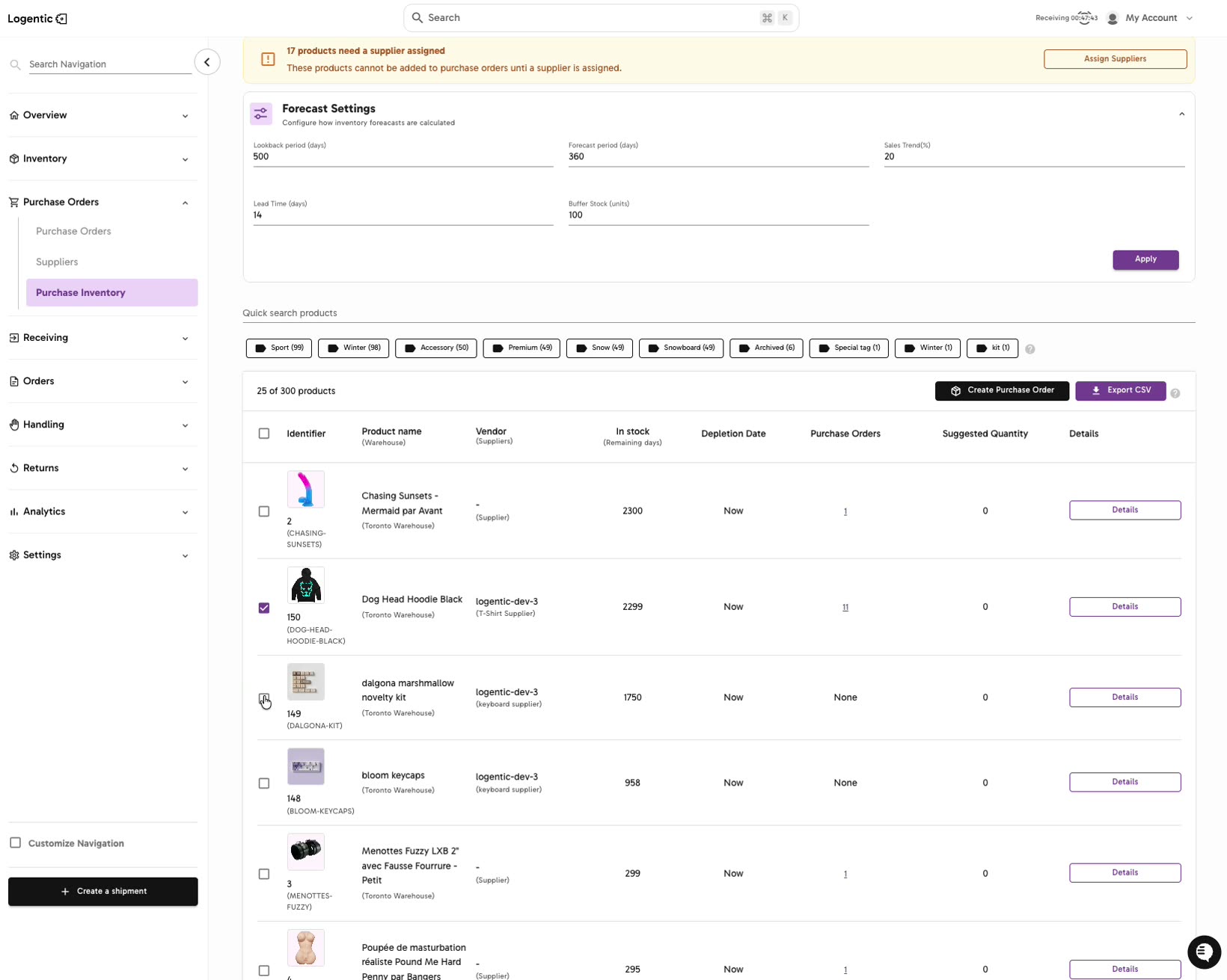 Purchase Inventory with selected products and Create Purchase Order visible