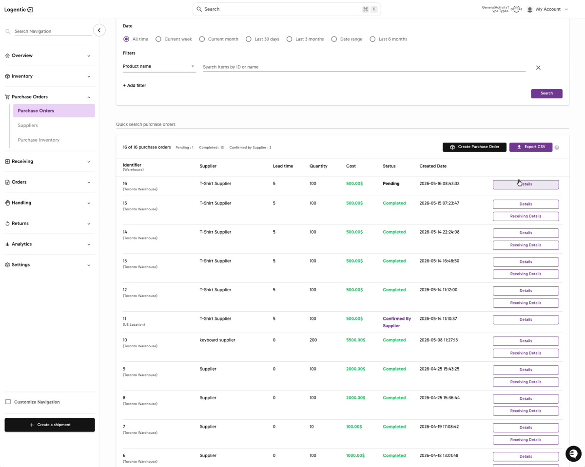 Purchase Order Dashboard showing a selected Product name filter with a search field and Search action