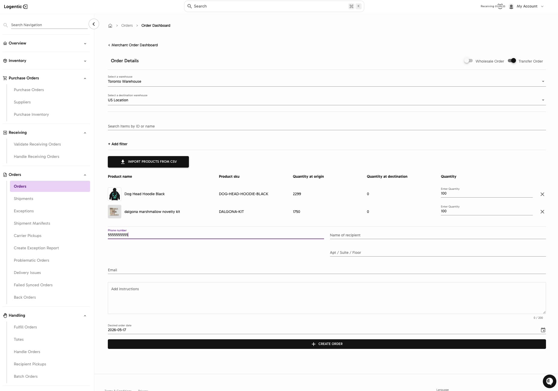 Transfer order form showing phone number, recipient name, email, instructions, desired order date, and Create Order