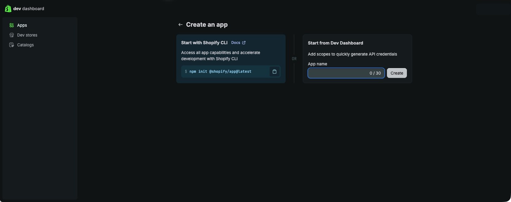 Shopify Dev Dashboard create-app page showing the app name field with organization details masked