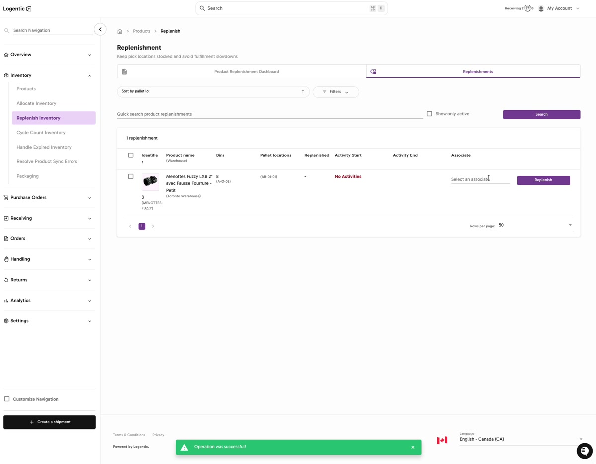 Replenishments tab showing an associate selector and a row-level Replenish action
