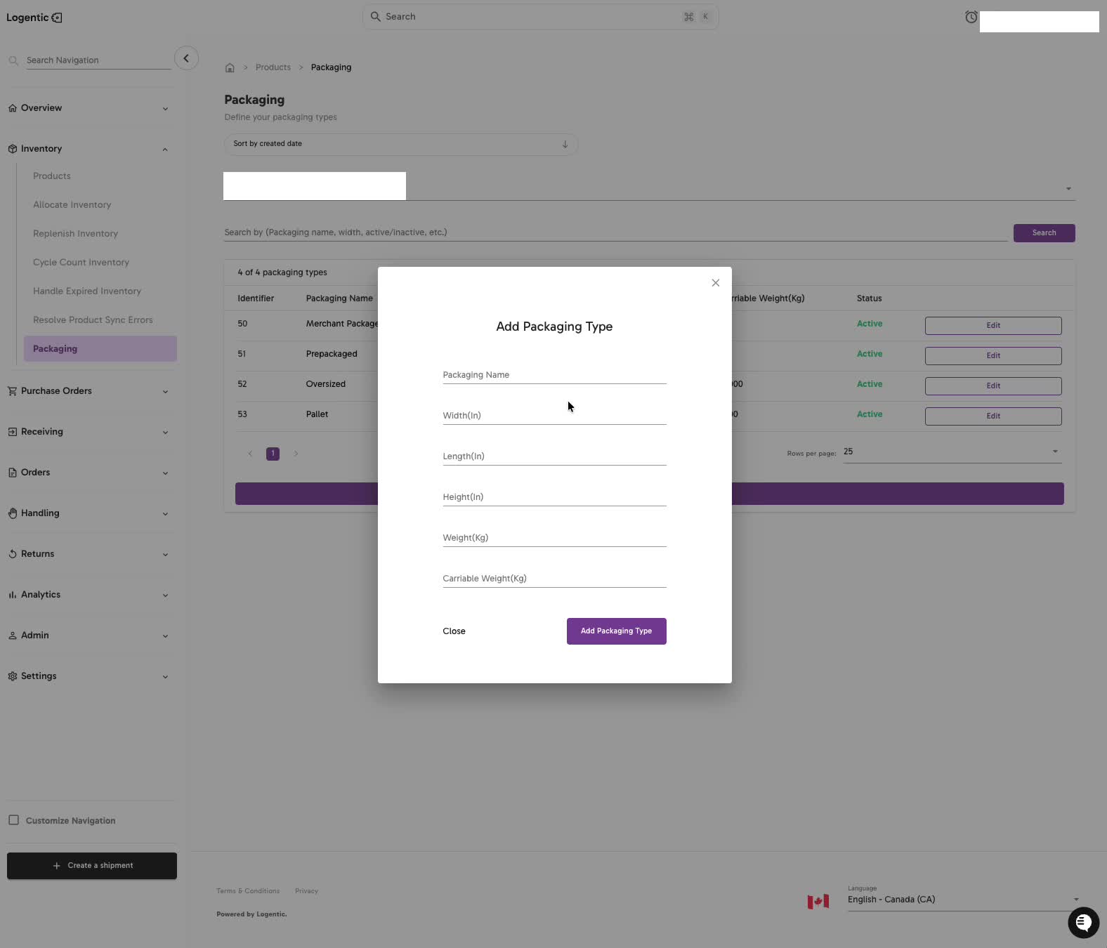 Add Packaging Type modal with Packaging Name, Width, Length, Height, Weight, and Carriable Weight fields
