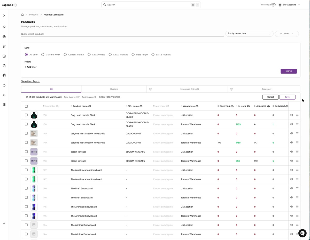 Product Dashboard column edit mode showing column controls, Cancel, and Save
