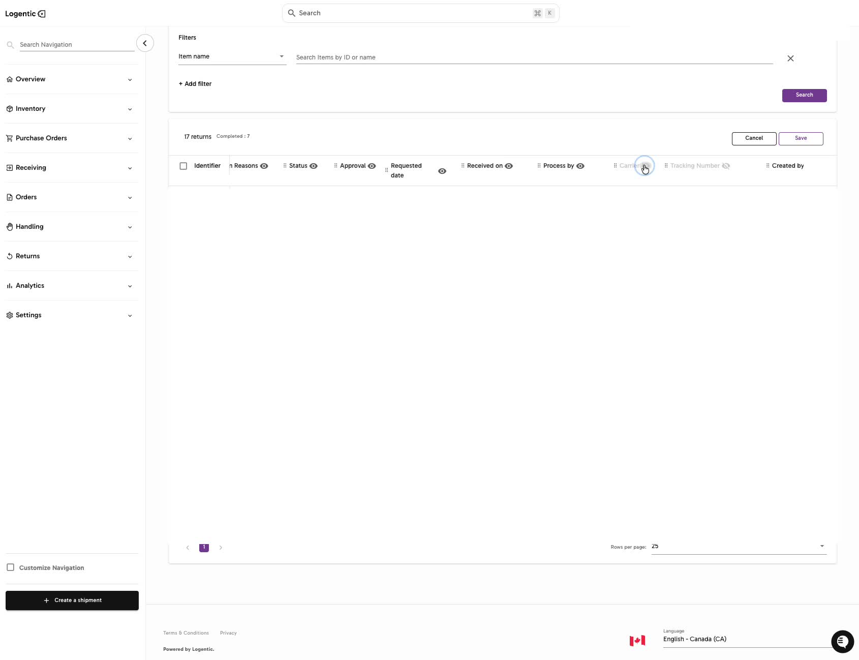 Manage Returns showing sort, filters, return columns, Create return order, Export data, and the row open action