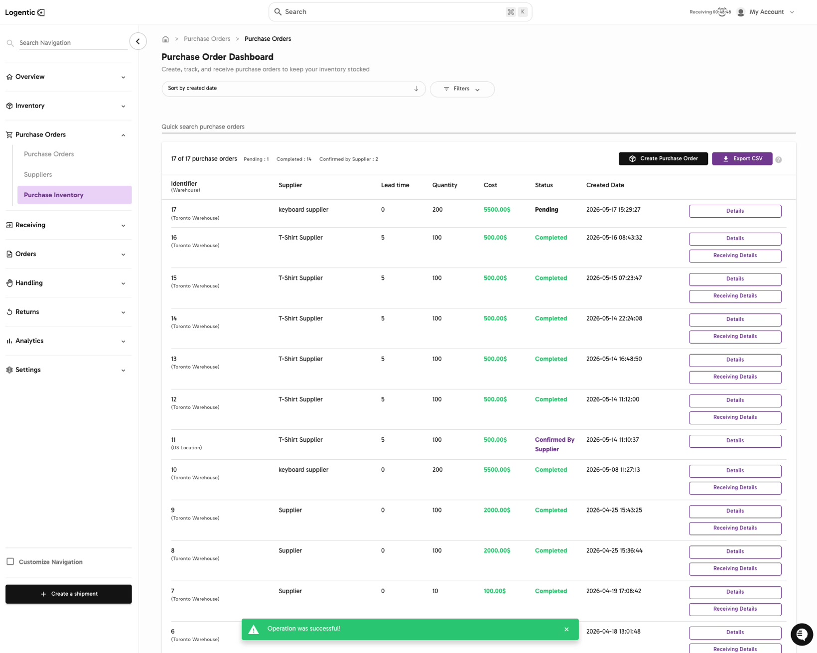 Purchase Order Dashboard showing new pending purchase order and Operation was successful