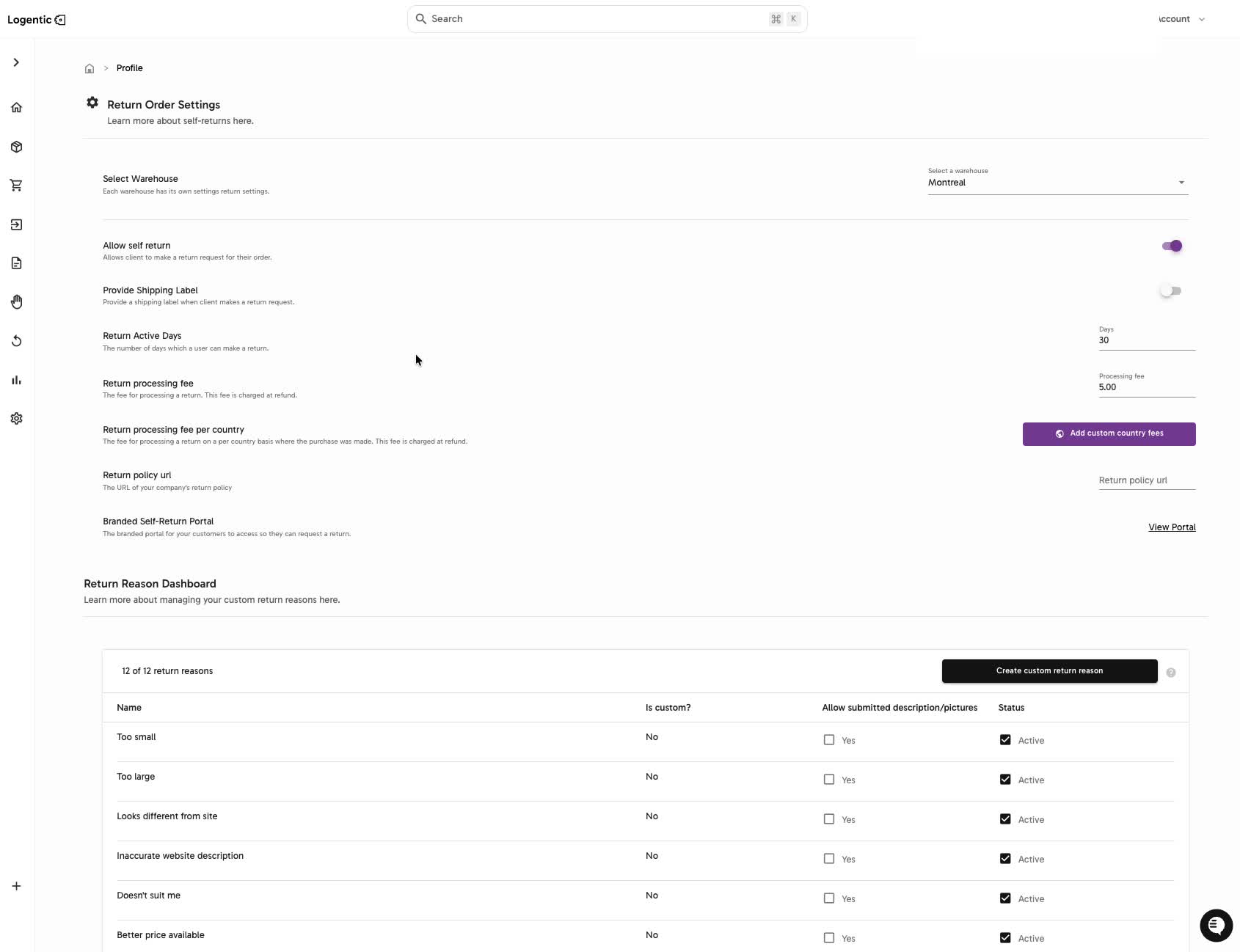 Return Settings showing warehouse selection, self-return options, return active days, processing fee fields, portal link, and Return Reason Dashboard