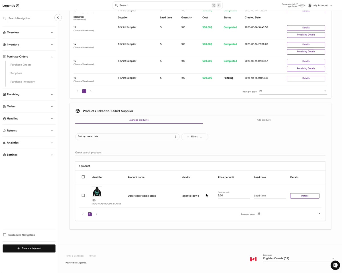 Supplier detail page showing Products linked to T-Shirt Supplier and the Manage products tab