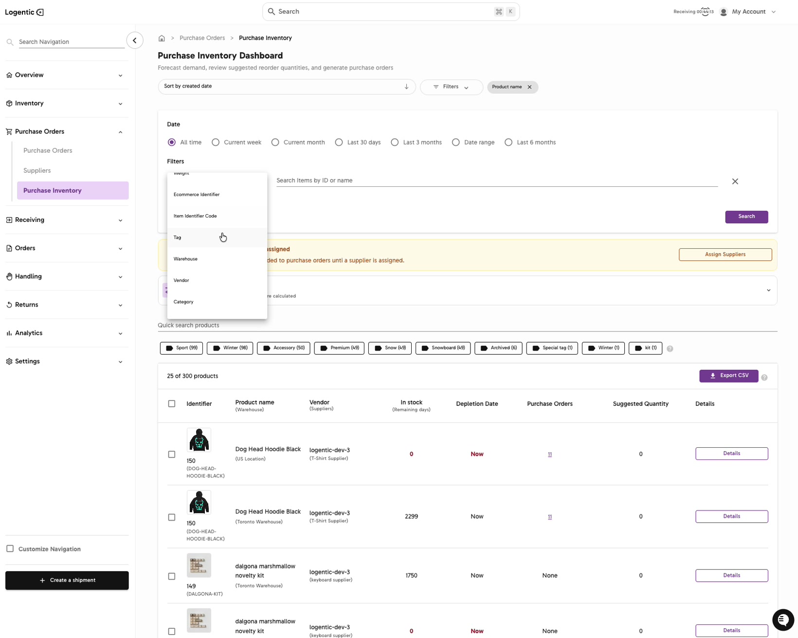 Purchase Inventory Add filter menu showing product, tag, warehouse, vendor, and category filter options