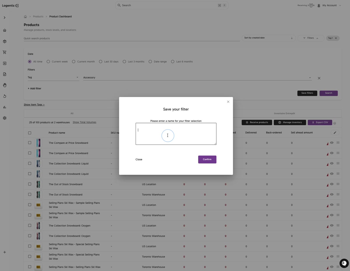 Save your filter modal on Product Dashboard with a name field and Confirm action