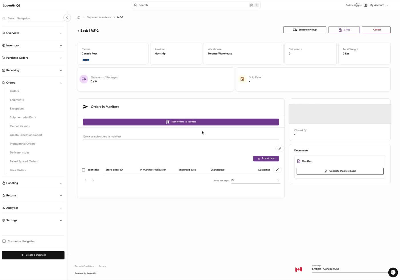 Shipment manifest detail page showing carrier, provider, warehouse, orders in manifest, and Generate Manifest Label