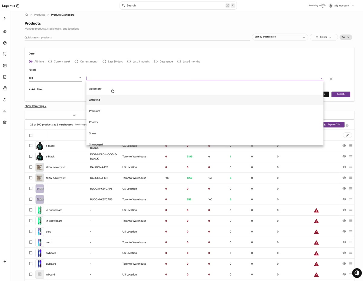 Product Dashboard tag filter showing selectable values such as Accessory