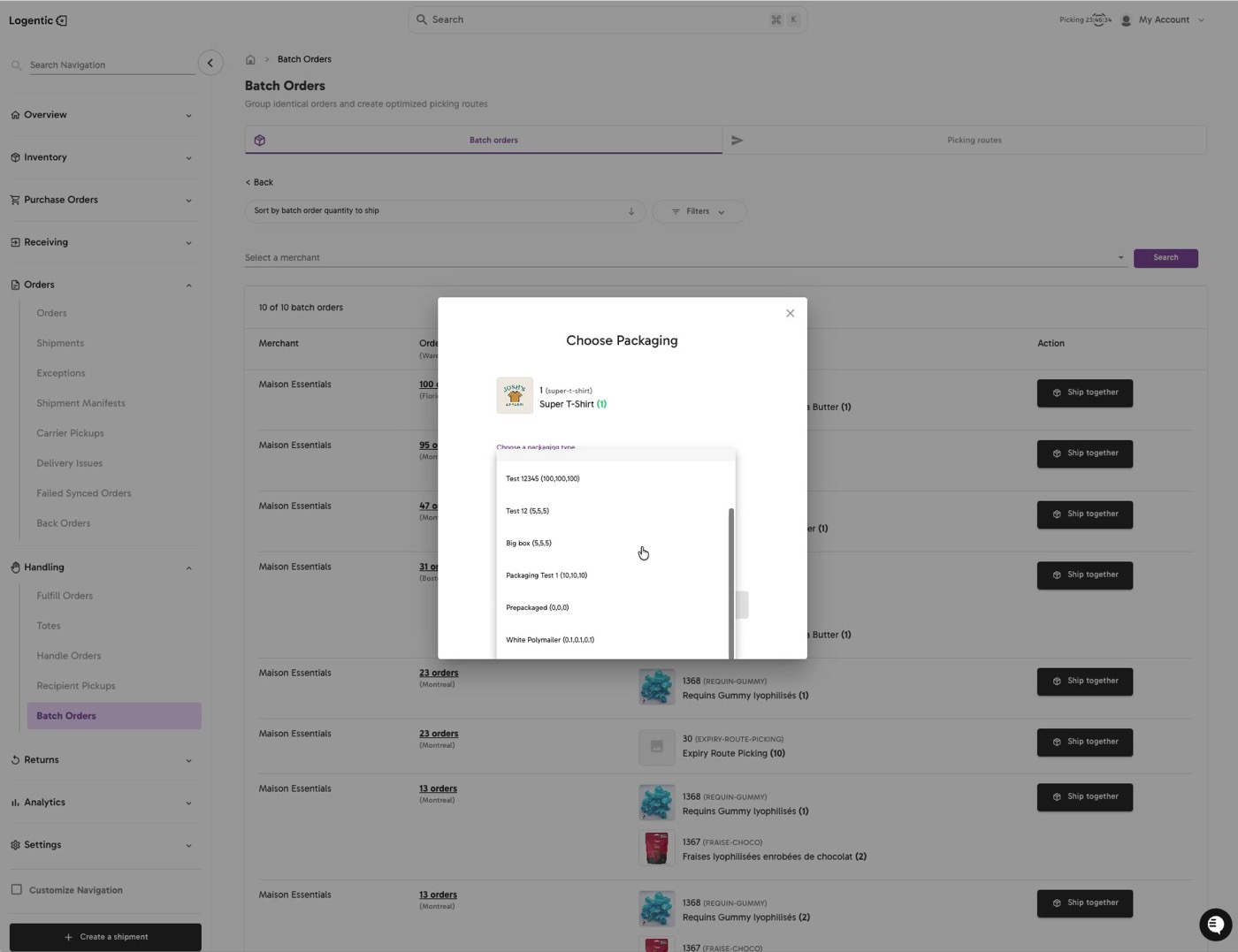 Choose Packaging modal showing product quantity and packaging options