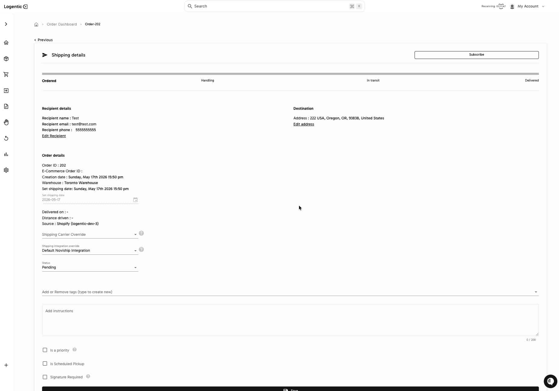Order details page showing shipping details, recipient details, destination, order ID, warehouse, shipping date, source, and status