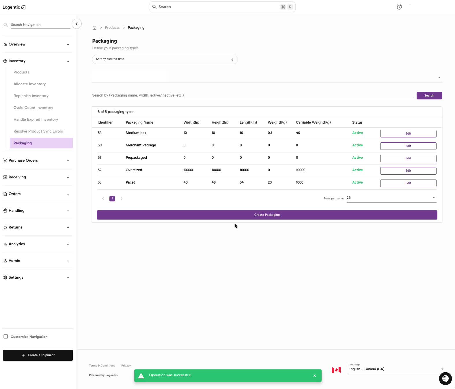 Add Packaging Type modal filled with a sample package name, dimensions, weight, and carriable weight