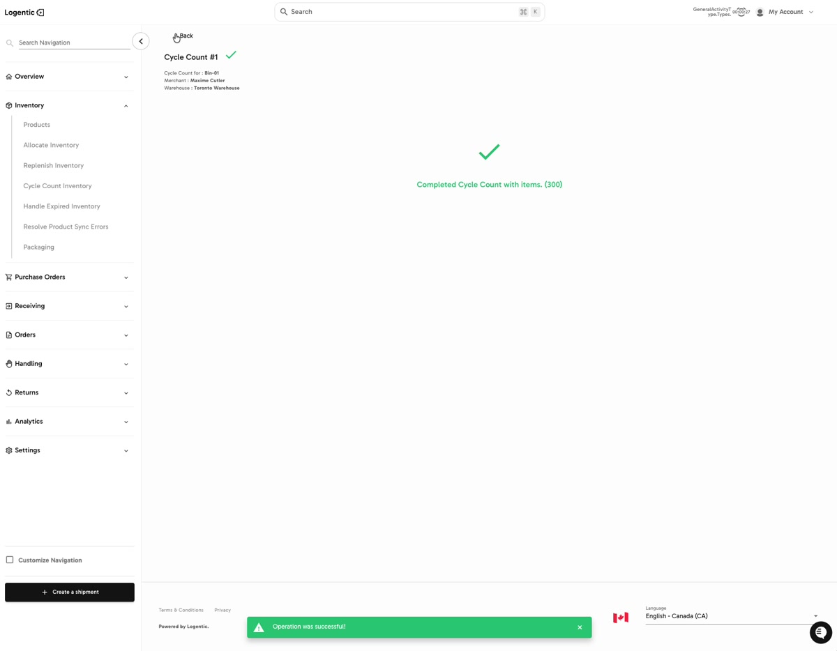 Cycle Count page showing Completed Cycle Count with items