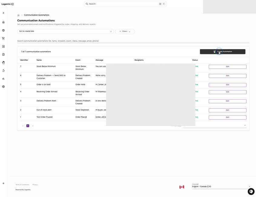 Communication Automations list with message and recipient details masked, showing Create Automation, Status, and Edit controls