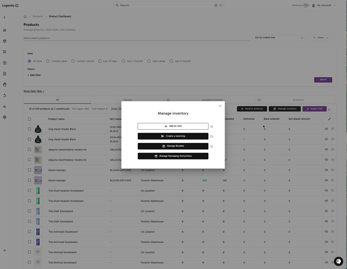 Manage inventory modal with Add an item, Create a receiving, Manage Bundles, and Manage Packaging instructions