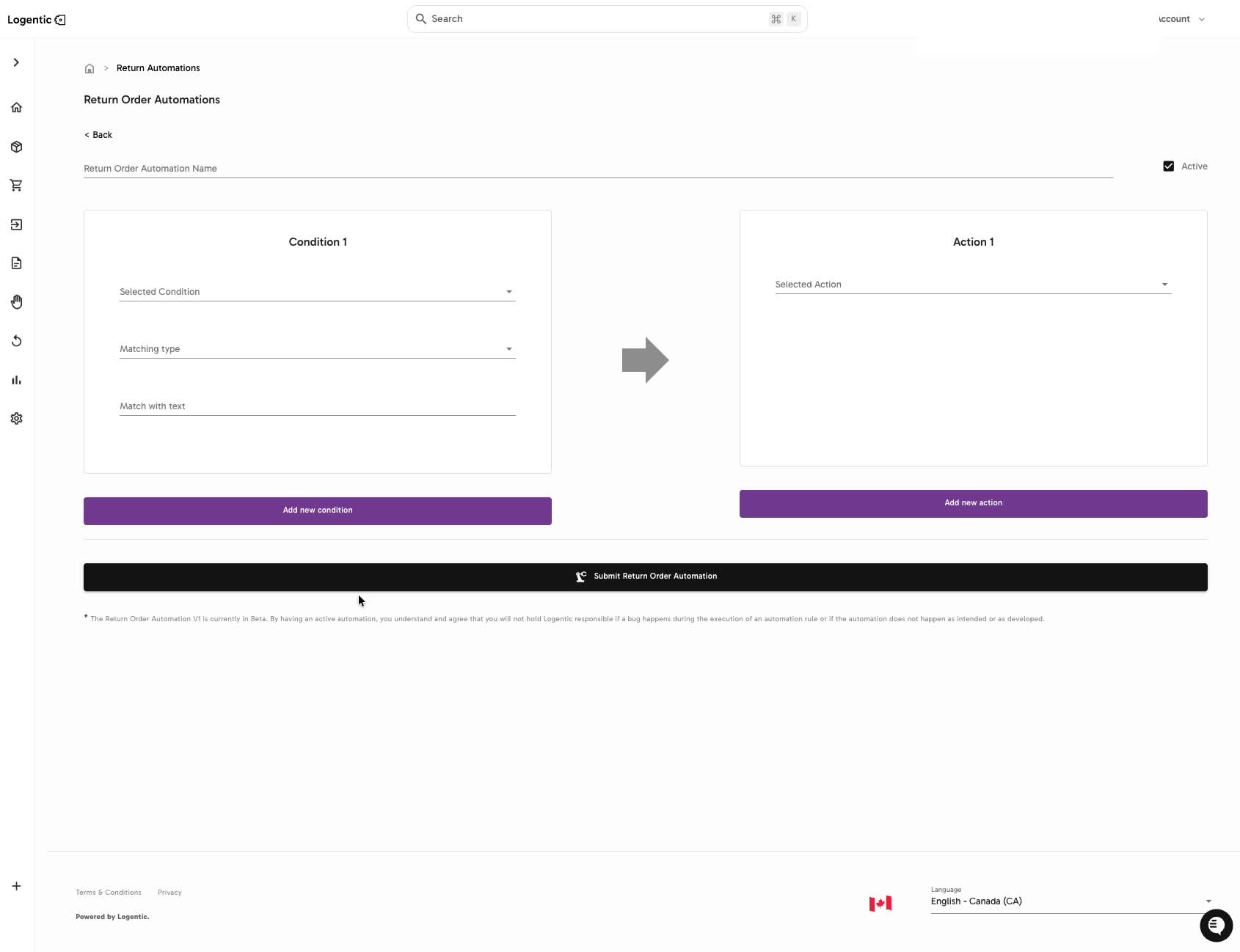 Return Order Automation builder showing Condition 1, Action 1, Active, Add new condition, Add new action, and Submit Return Order Automation