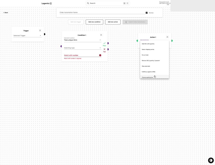 Order Automation builder showing trigger, condition, action menu, Active, Add new condition, Add new action, and Submit Order Automation