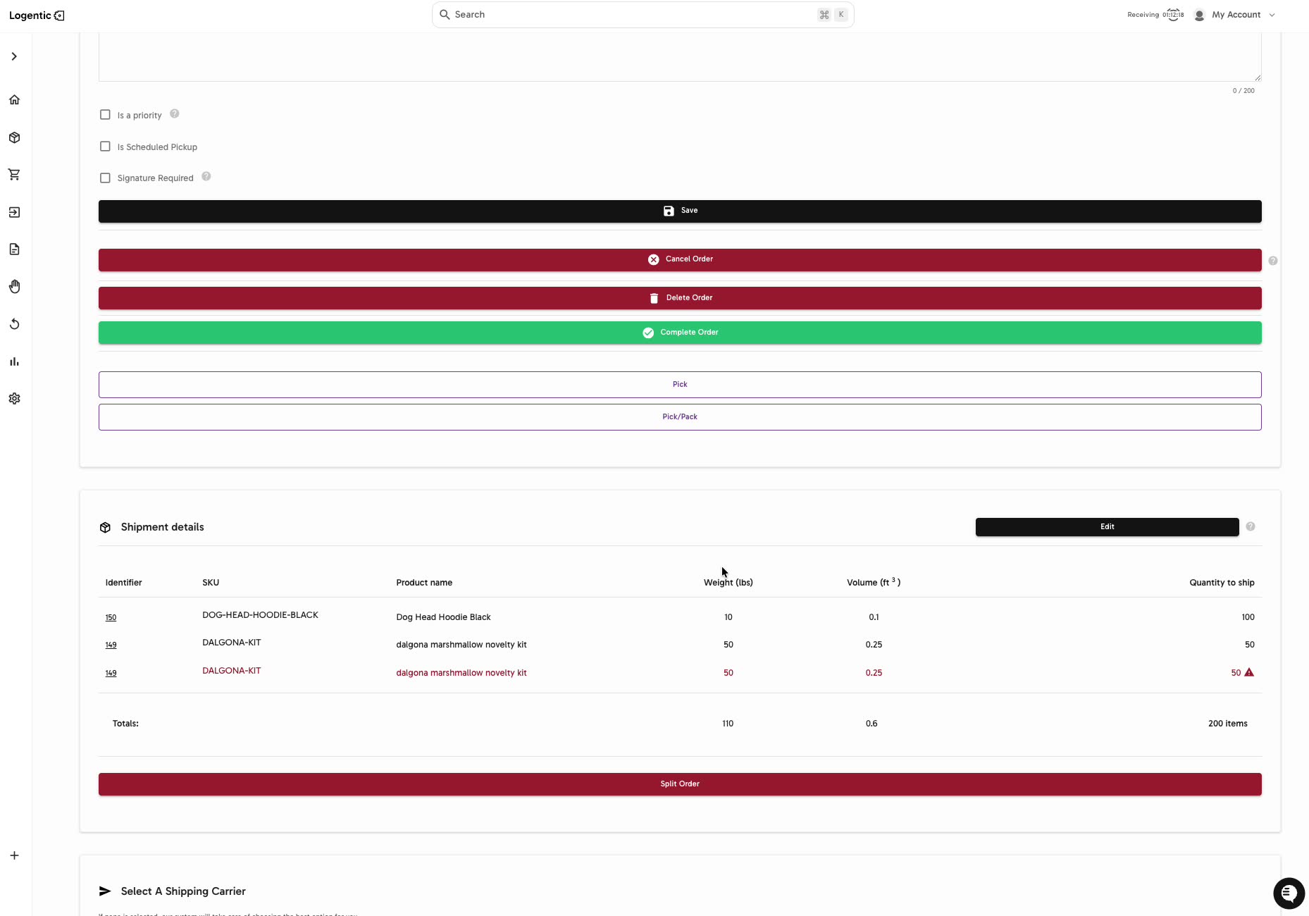 Order details page showing shipment details, product rows, quantity to ship, Split Order, Select A Shipping Carrier, and Order risks
