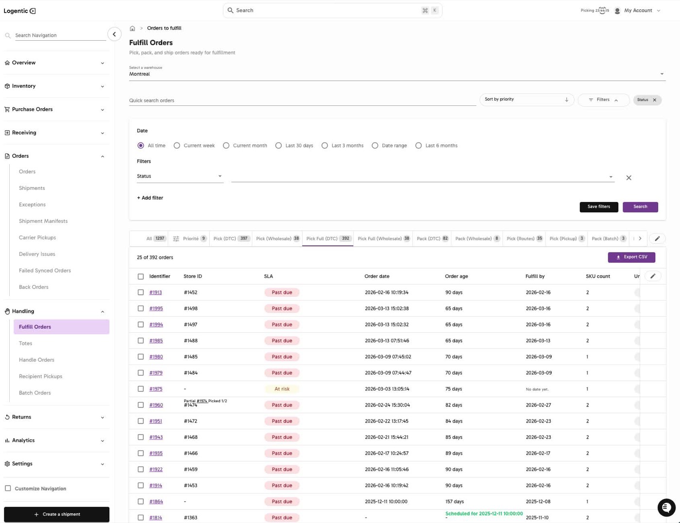 Fulfill Orders sort menu showing options for created date, status, Order Identifier, fulfill by date, SLA, order date or age, and priority