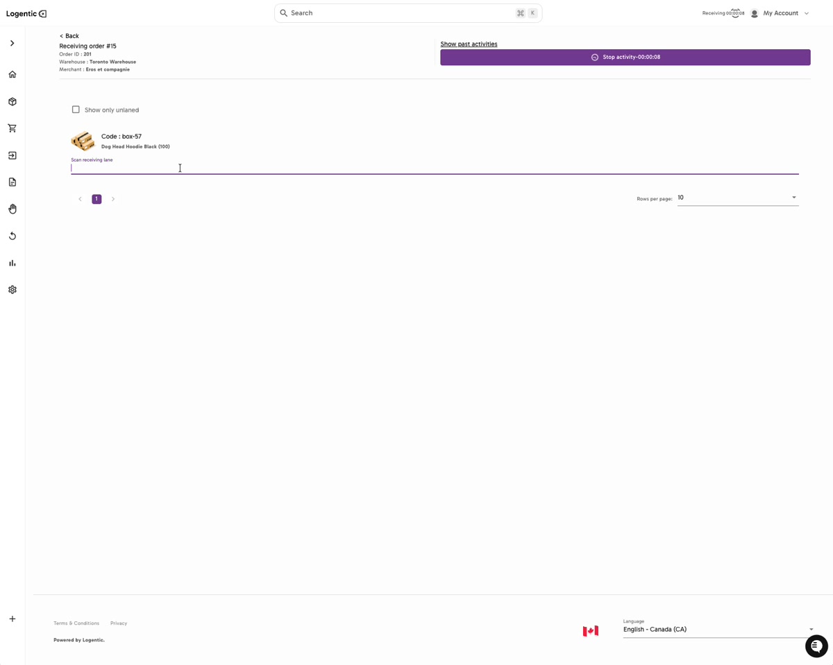 Purchase order details page after sending showing Download Slip and Receive actions