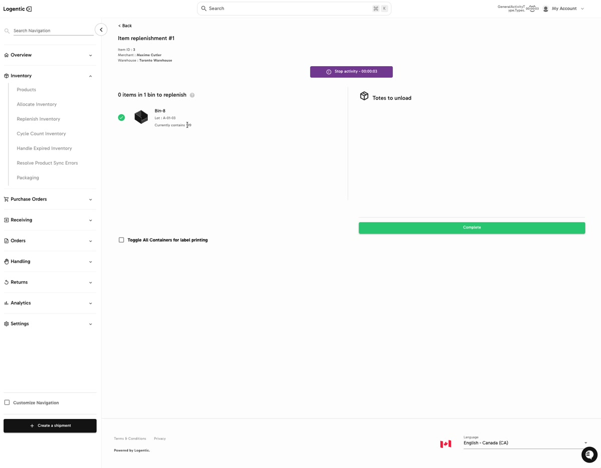 Item replenishment activity showing bin details, label-printing checkbox, and Complete button