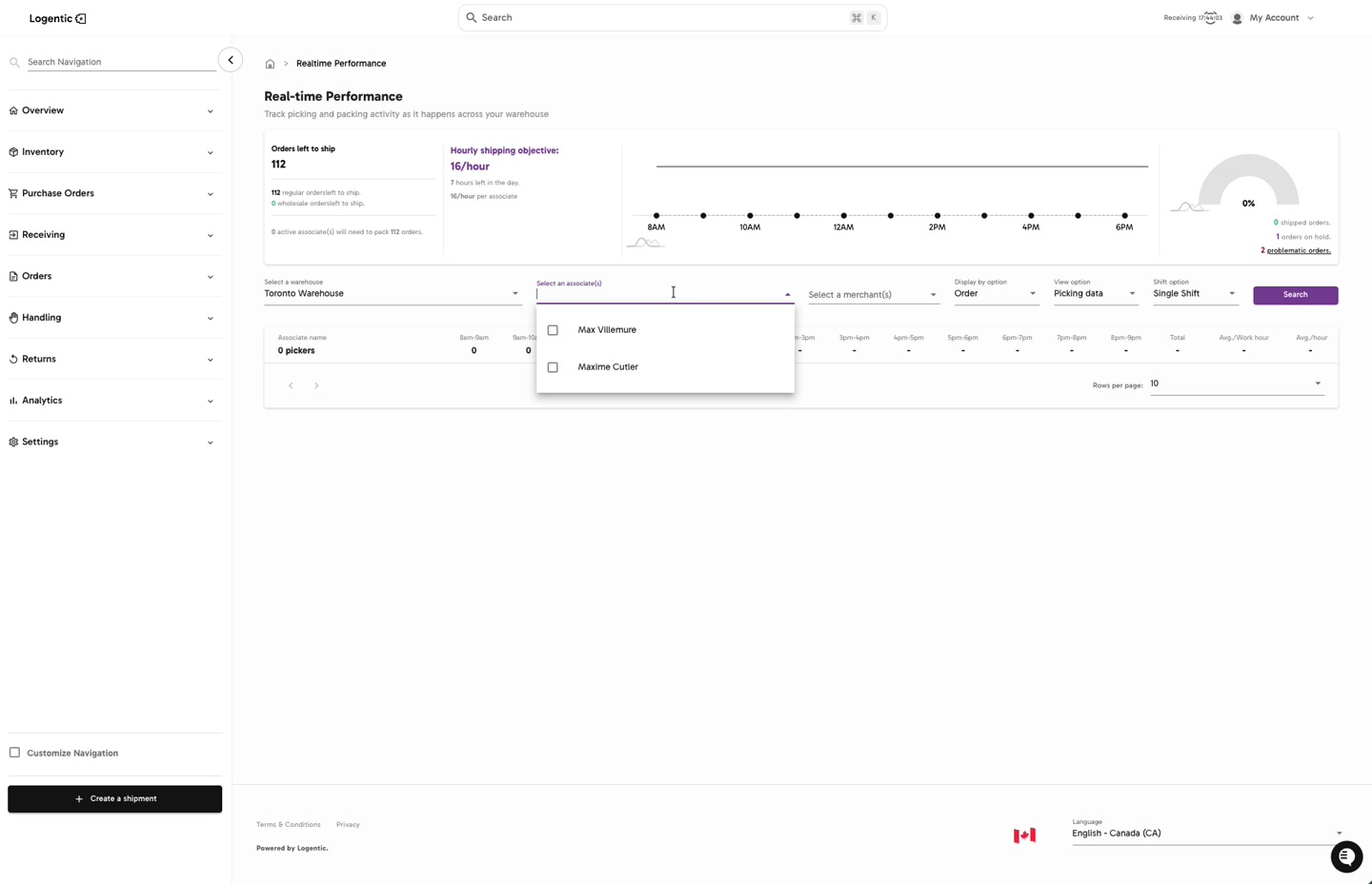 Real-time Performance page with warehouse and associate filters