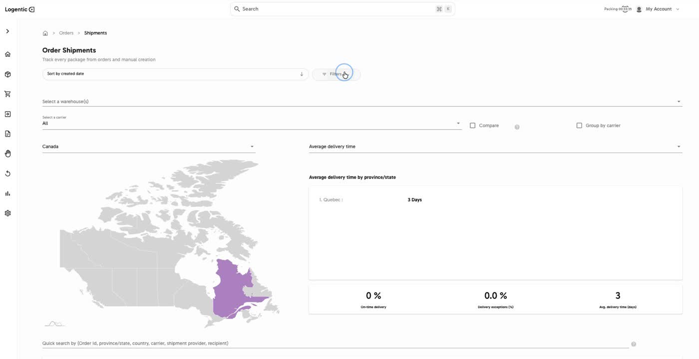 Order Shipments page showing filters, Canada delivery map, delivery time by province, and delivery performance cards