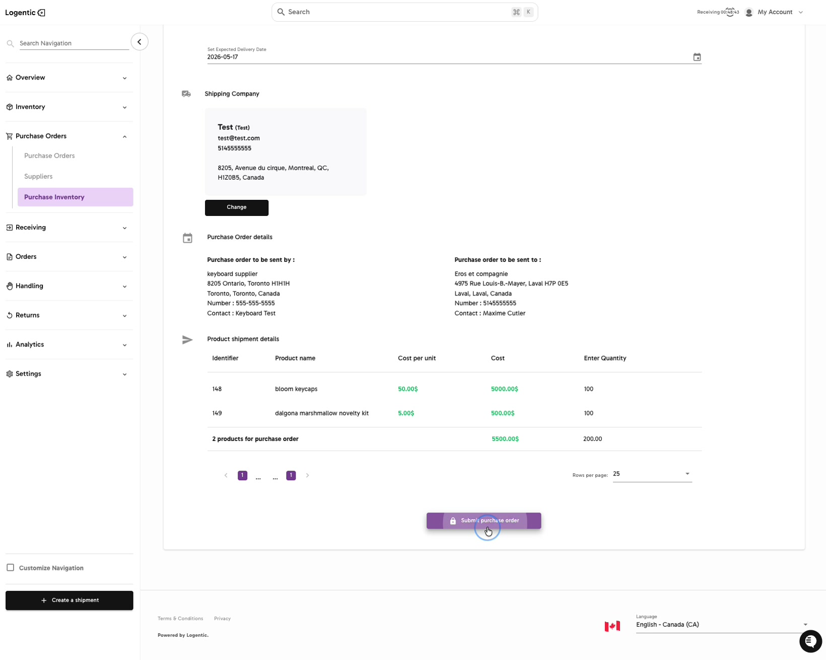 Create purchase order review step showing shipping company, product details, and Submit purchase order