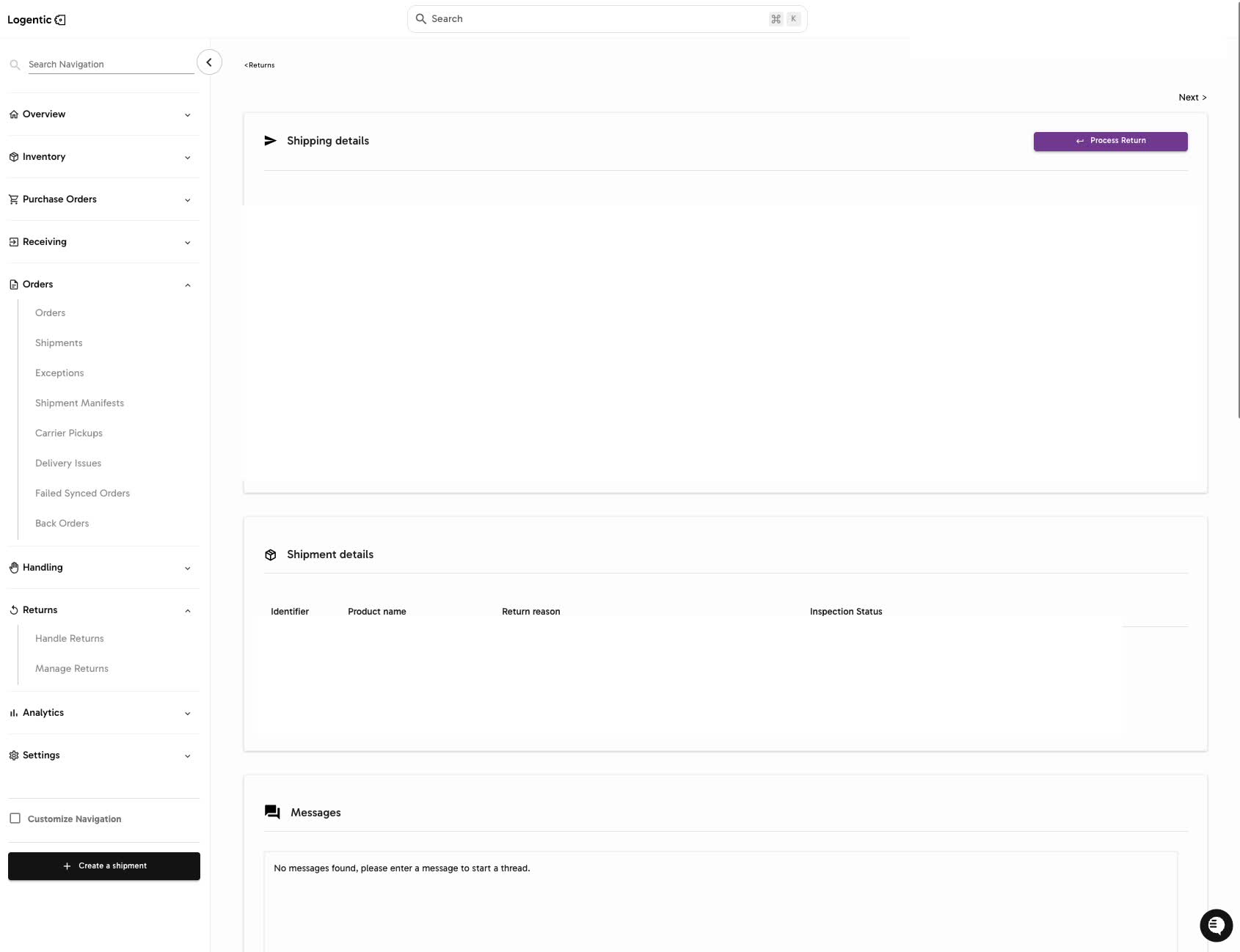 Return detail page showing Process Return with private return details masked