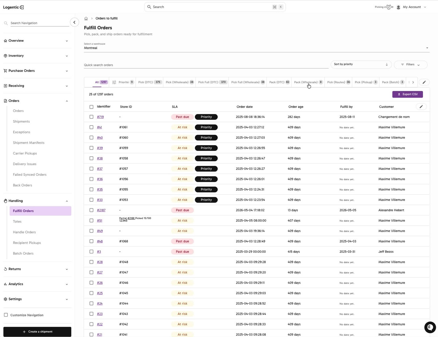 Fulfill Orders page showing the Pick Routes tab with route rows, total orders, SKU count, unit count, progress, and cart code