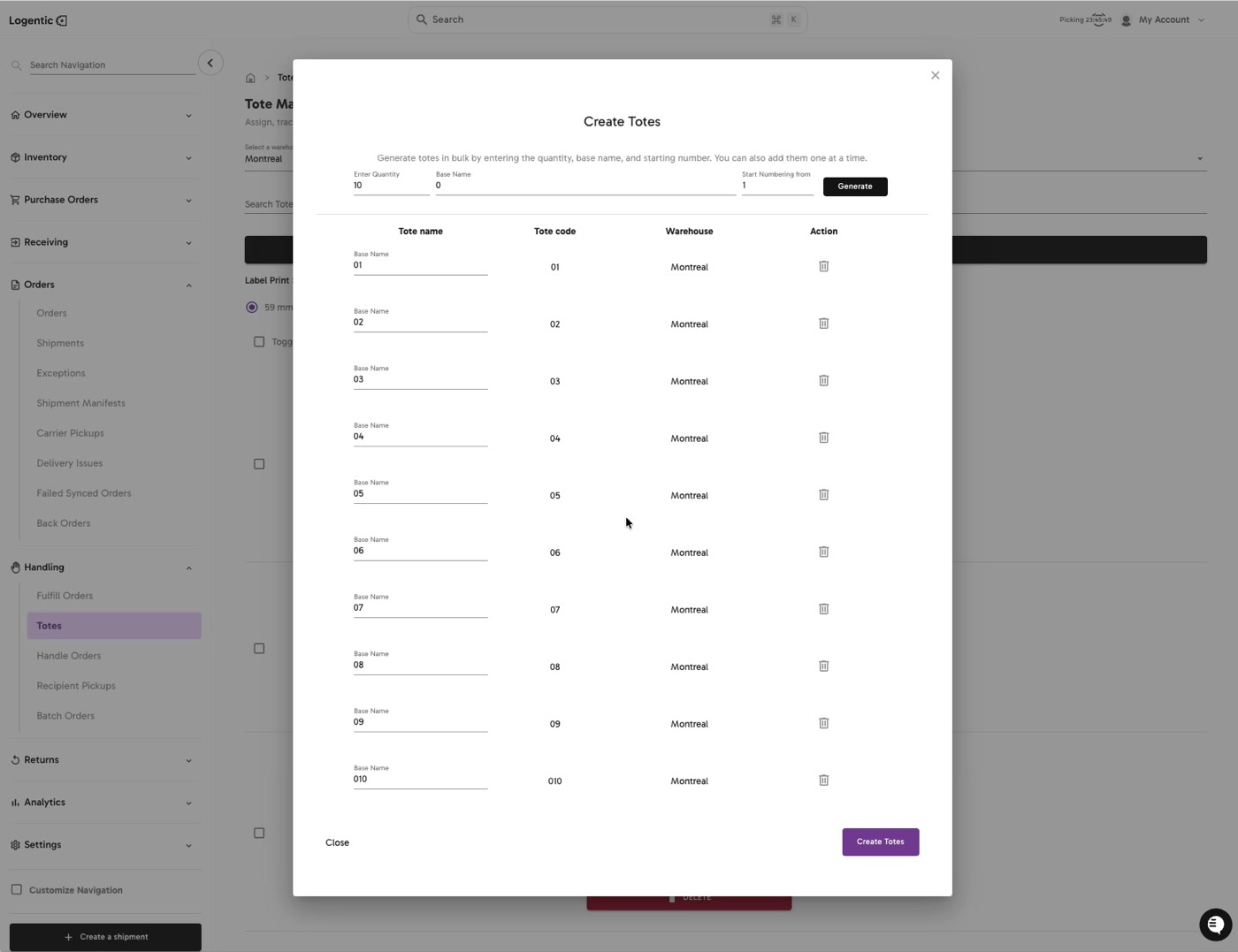 Create Totes modal showing generated tote rows, tote codes, warehouse, delete actions, and Create Totes