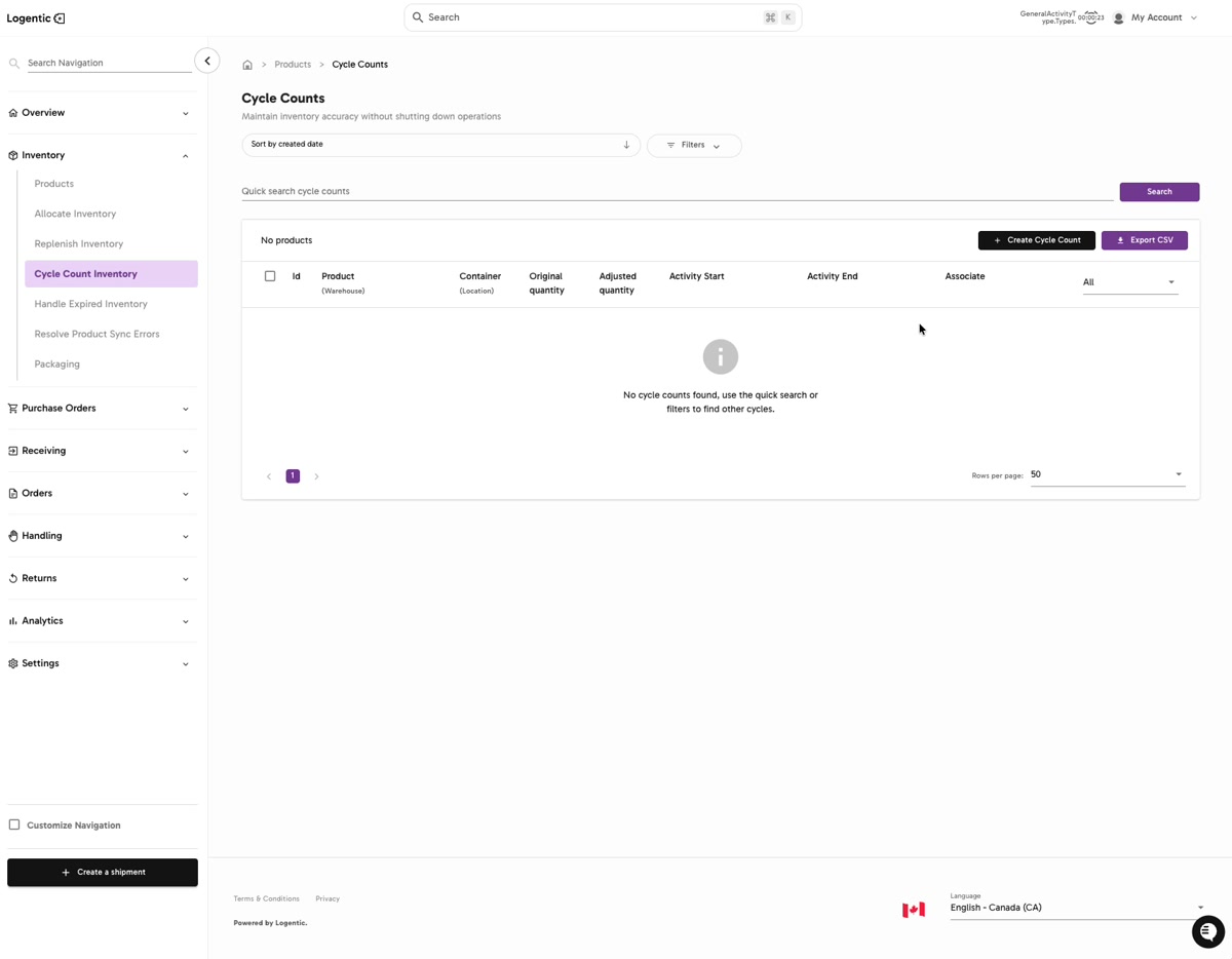 Cycle Counts page showing Create Cycle Count, Export CSV, search, filters, and an empty state