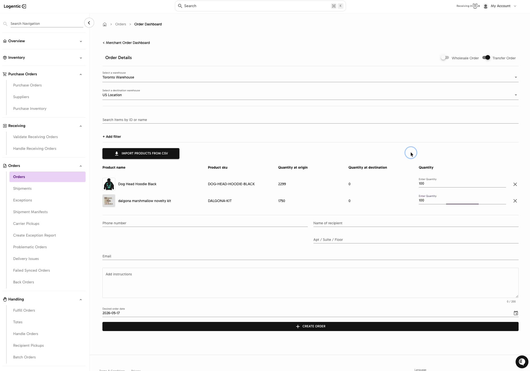 Transfer order form showing origin warehouse, destination warehouse, products, quantities at origin and destination, and transfer quantities