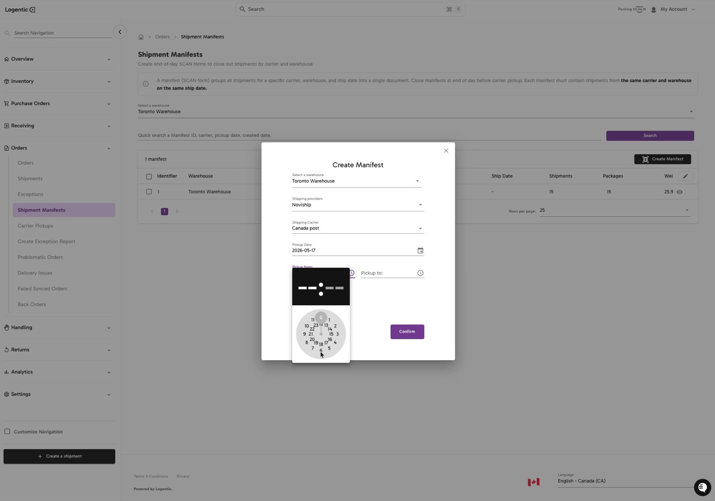 Create Manifest modal showing Pickup from, Pickup to, time picker, and Confirm button