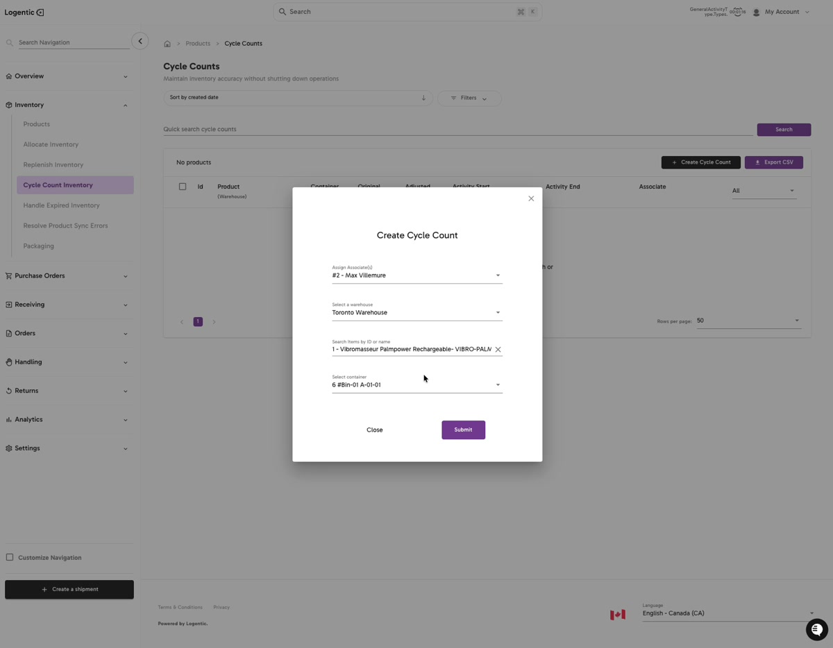 Create Cycle Count modal with associate, warehouse, product, container, and Submit fields ready