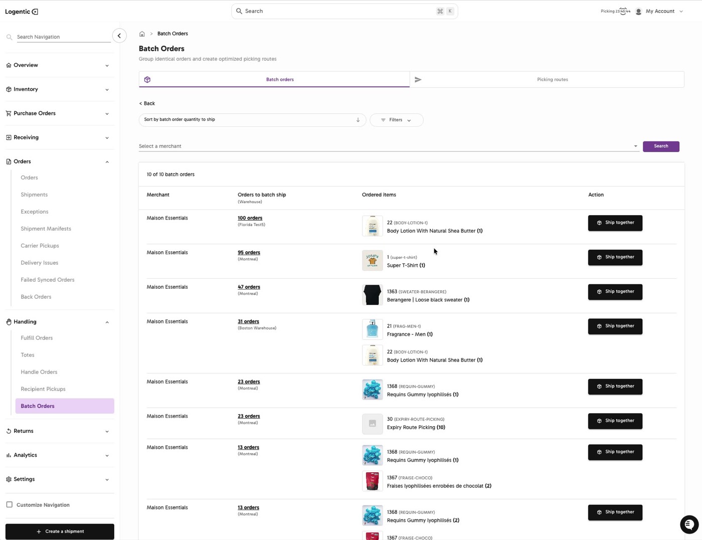 Batch Orders page showing identical order groups, product images, order counts, and Ship together actions