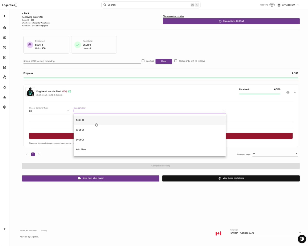 Receiving screen showing storage container choices after selecting a container type