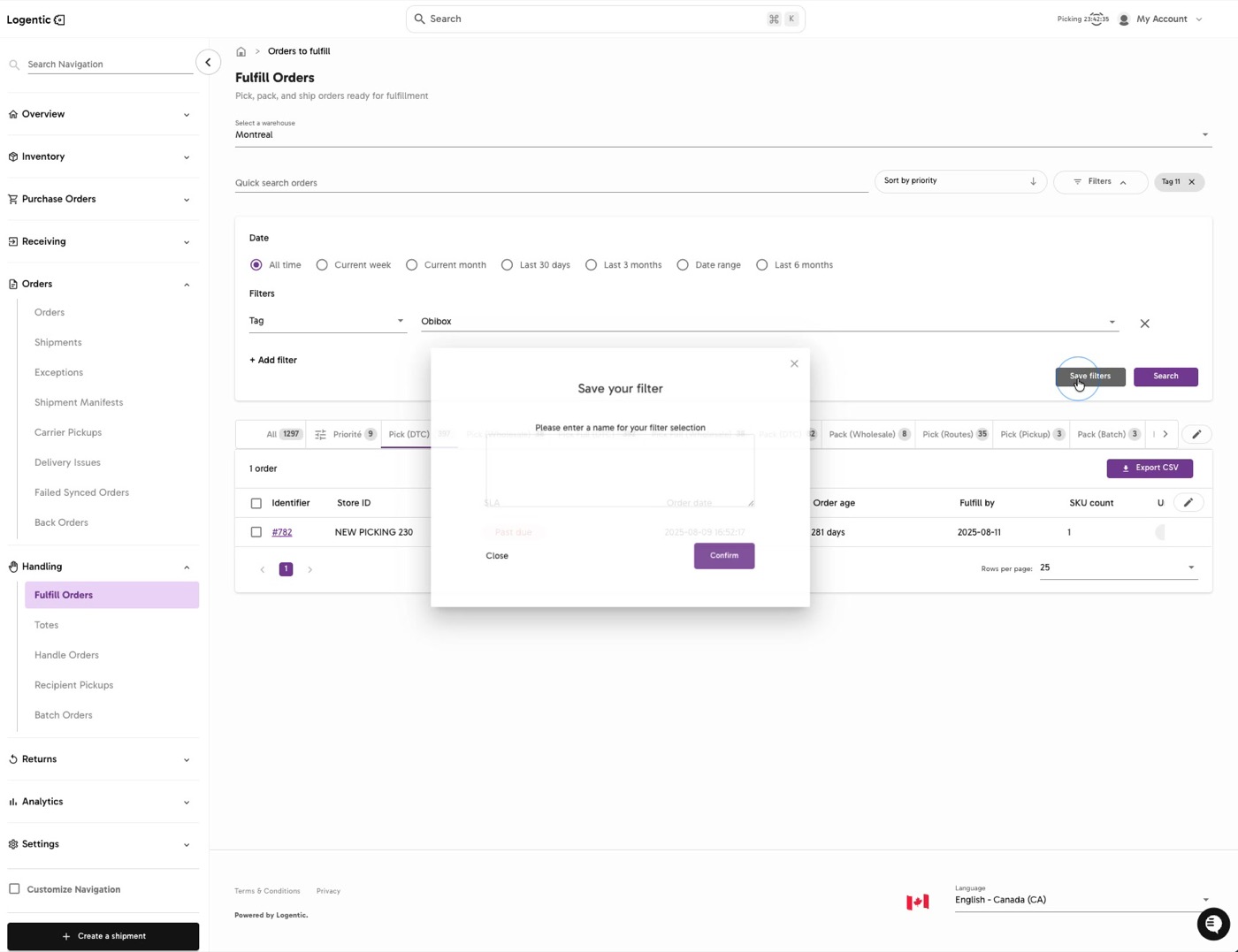 Fulfill Orders page showing the Save your filter modal