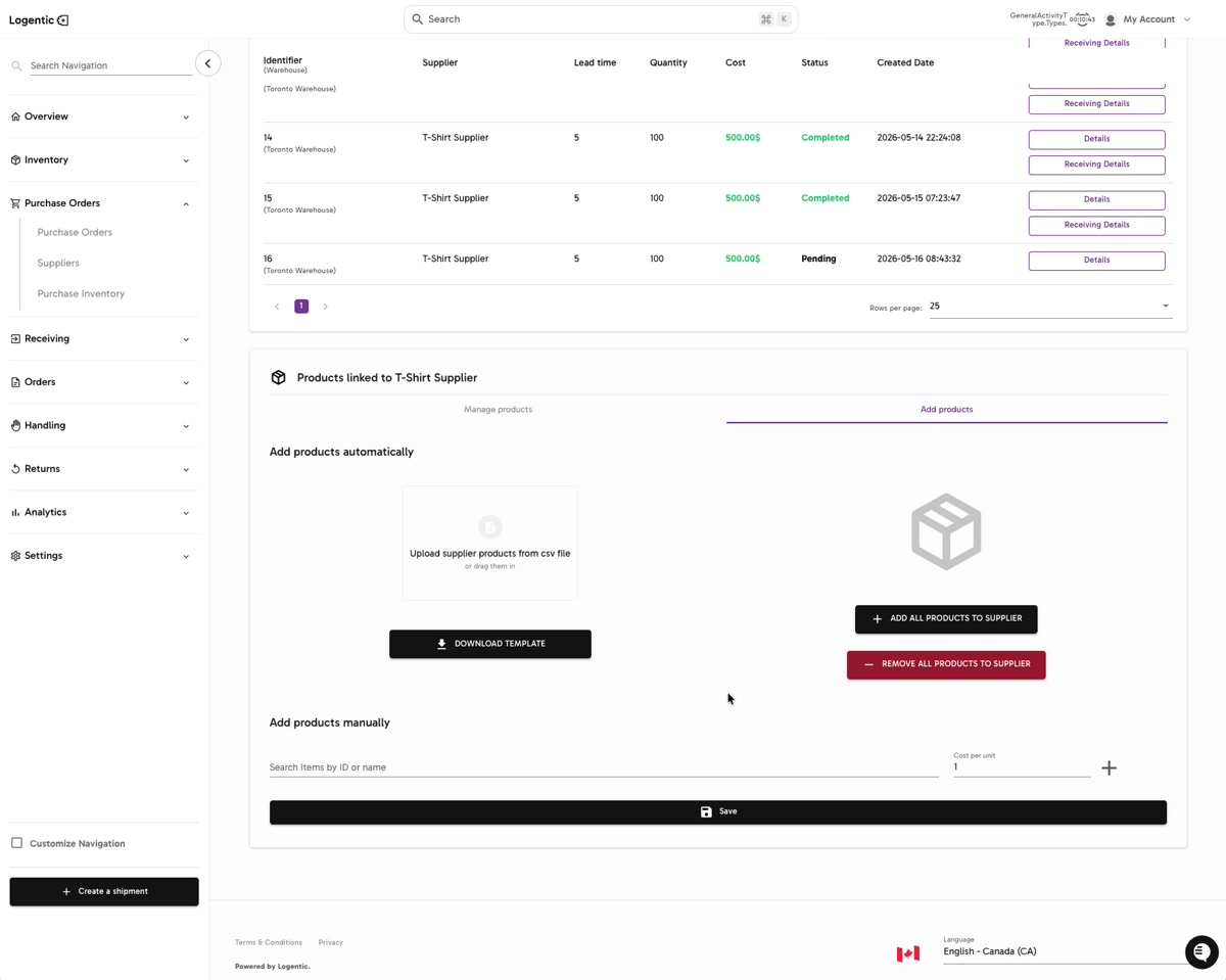 Supplier Add products tab showing CSV template actions, manual product search, cost per unit, plus action, and Save