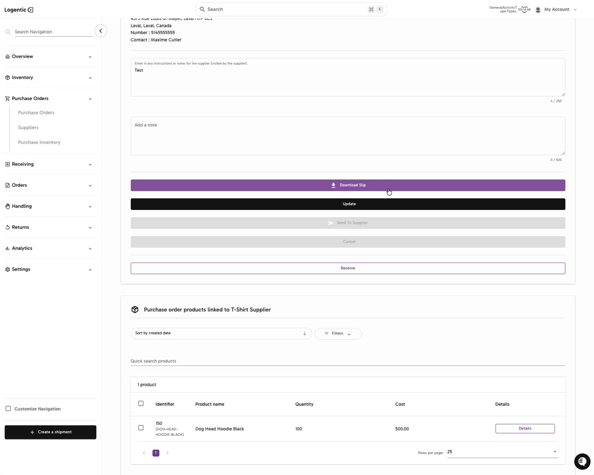 Send Purchase Order modal showing Send and confirm immediately, Send and wait for confirmation, and Don't send email yet options