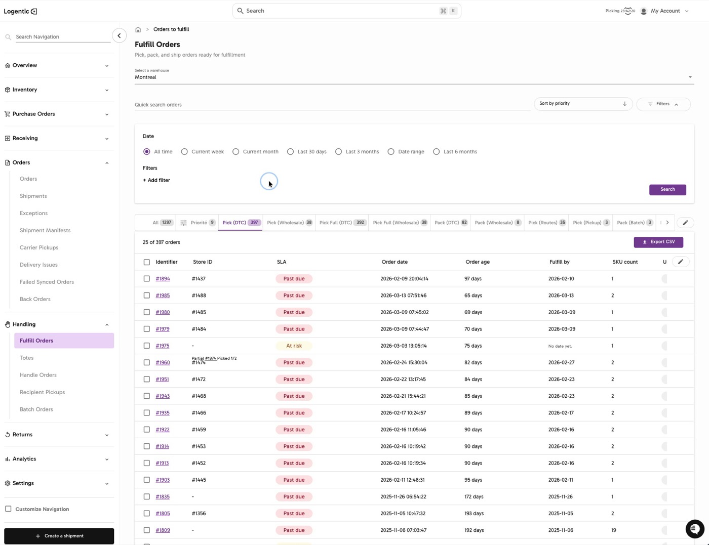 Fulfill Orders page with warehouse, filters, workflow tabs, order rows, and Export CSV