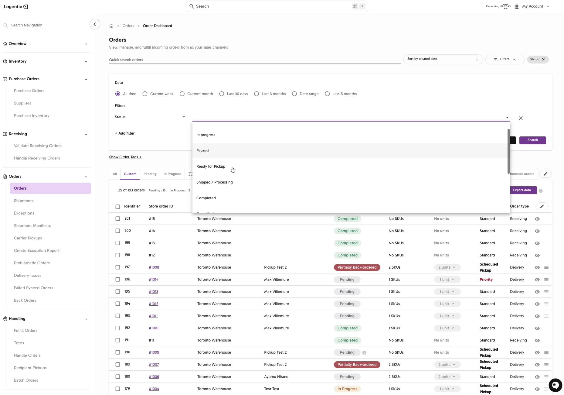 Order Dashboard Status filter showing In progress, Packed, Ready for Pickup, Shipped Processing, and Completed options