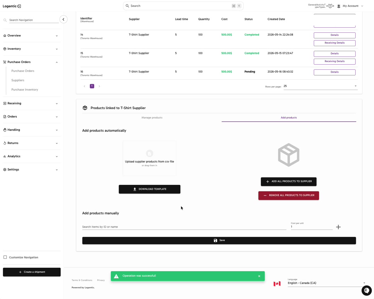 Supplier products page showing Operation was successful after product link changes
