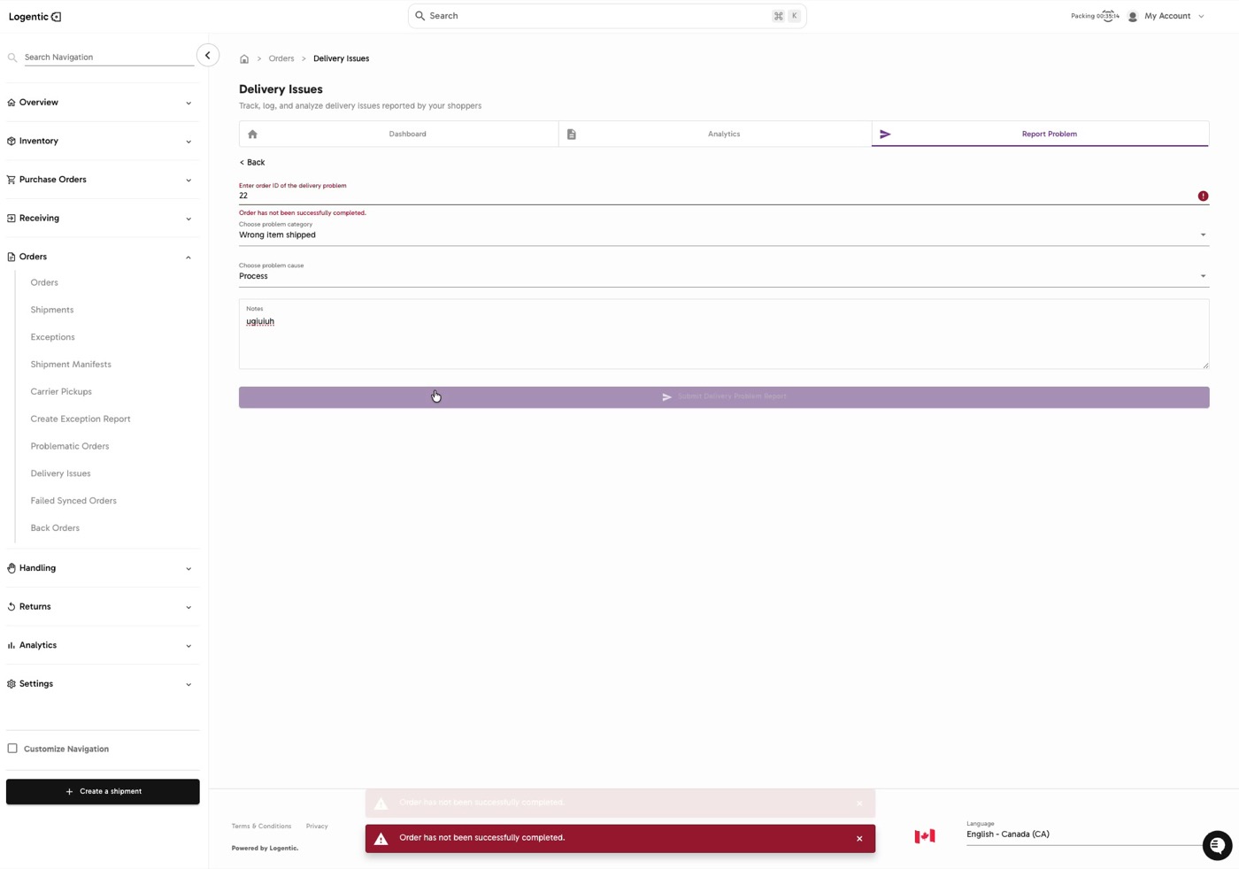 Delivery Issues Report Problem tab showing an order validation message above the report form