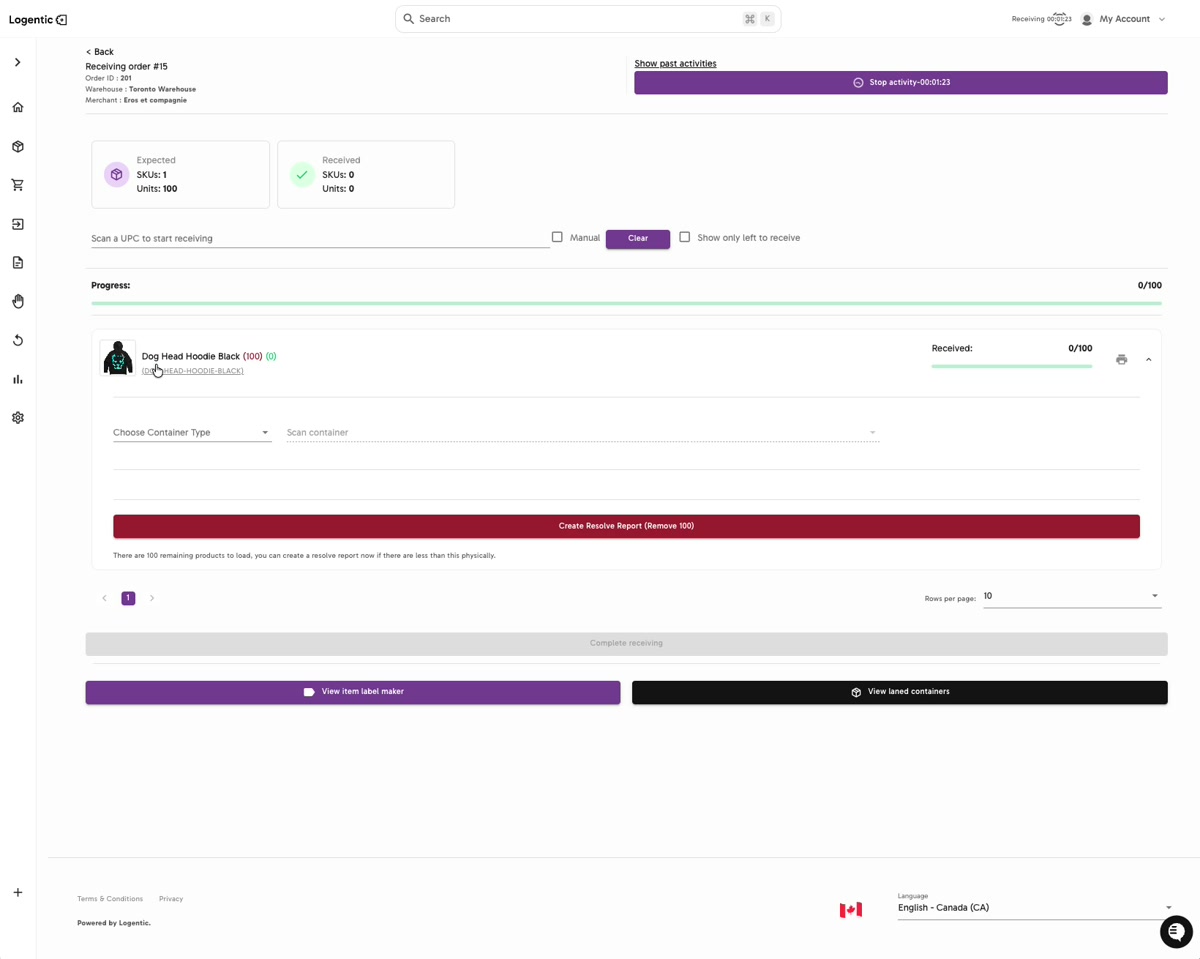Receiving screen showing expected and received counts, product row, Choose Container Type, Scan container, resolve report, and Complete receiving